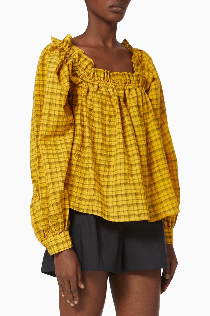 

Checked Square Neckline Ruffle Blouse, Yellow