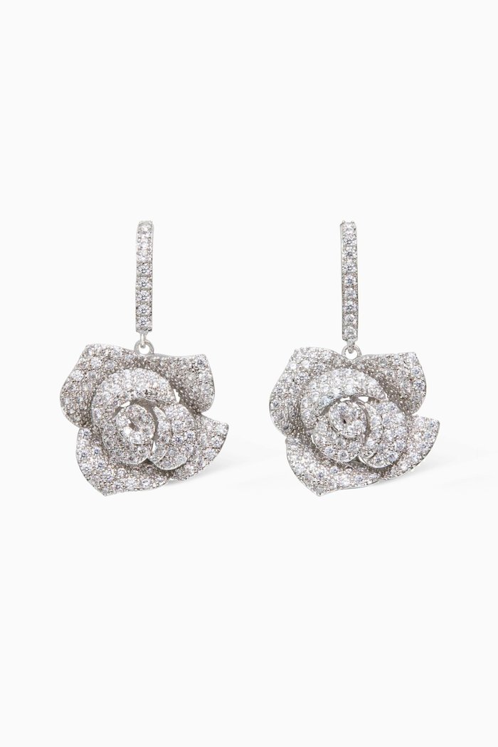 

Pavé Rose Drop Earrings, Silver