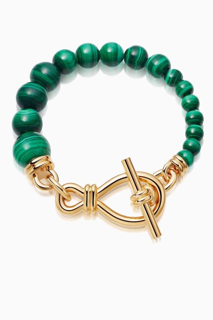 

Malachite Graduated Sphere T-Bar Bracelet in 18ct Gold Plated, Green