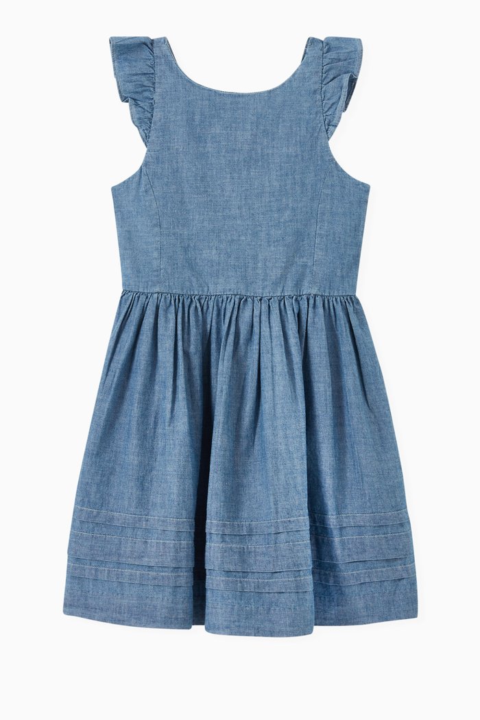 

Ruffled Dress in Cotton Chambray, Blue
