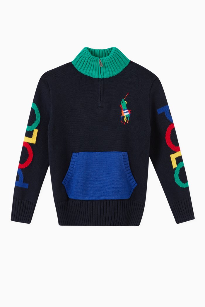 

Polo Pony Quarter-Zip Jumper in Cotton Knit, Blue