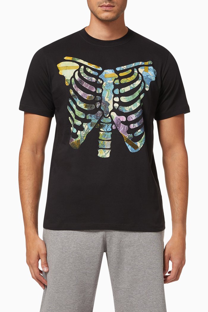 Floral Ribs Print T-shirt in Organic Cotton, Black