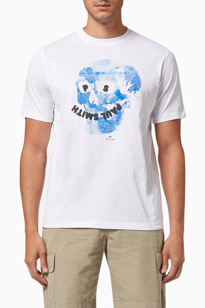 

Floral Happy Skull Print T-shirt in Organic Cotton, White