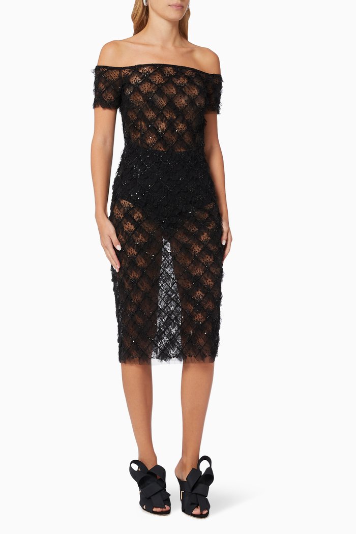 

Midi Dress in Sequin Bead Frilled Tulle, Black