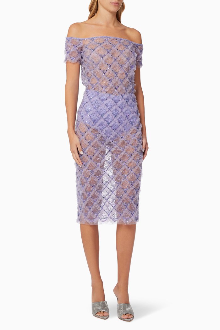 

Midi Dress in Sequin Bead Frilled Tulle, Purple