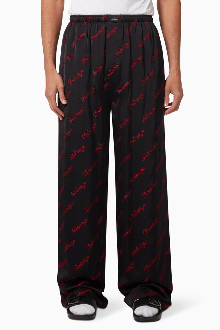 

Allover Script Logo Pajama Pants in Silk Jacquard, Black