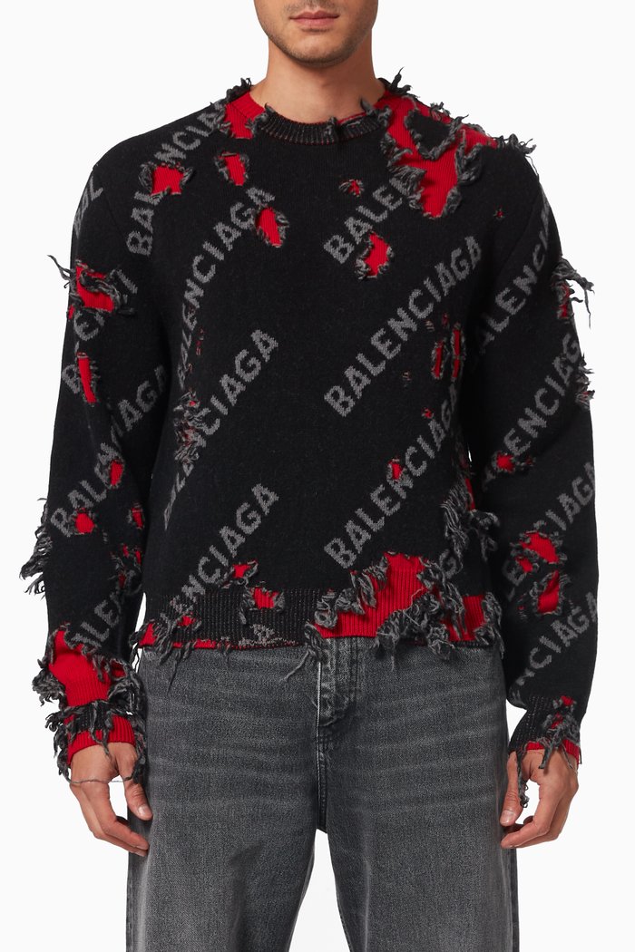 

All-over Logo Repatch Crewneck Sweater in Distressed Wool-blend Knit, Black
