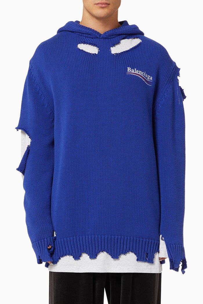 

Political Campaign Destroyed Hoodie in Cotton Knit, Blue