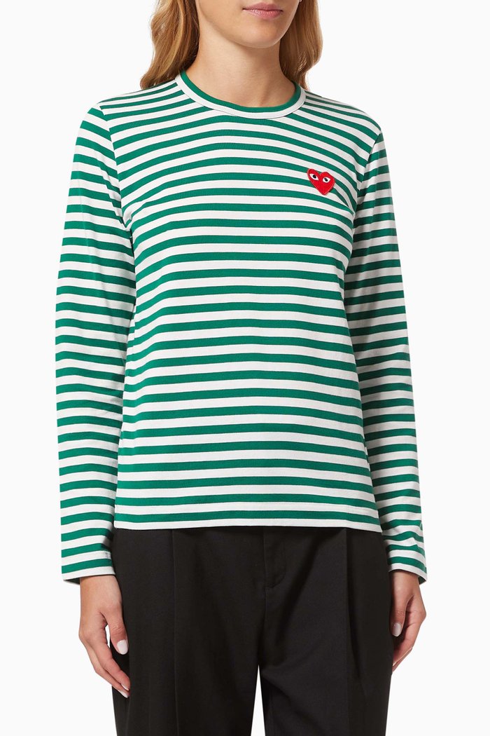 Heart T-shirt in Striped Cotton, Green