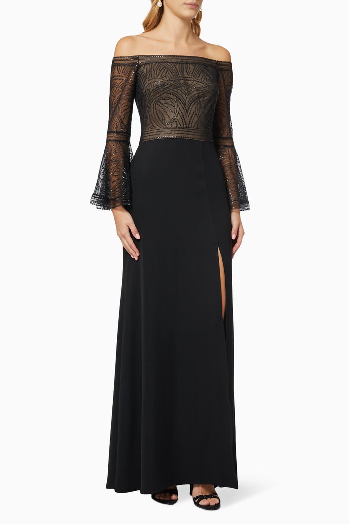 

Flutter Sleeve Gown with Sequin Embellishment, Black