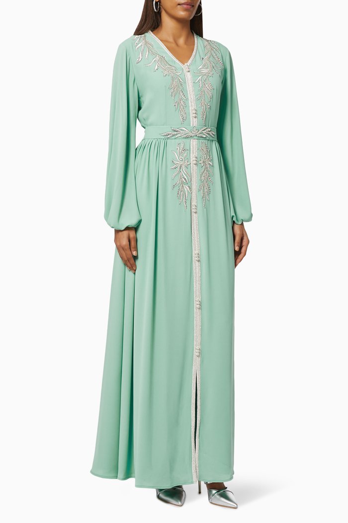 

Beaded Belted Kaftan in Crepe, Green