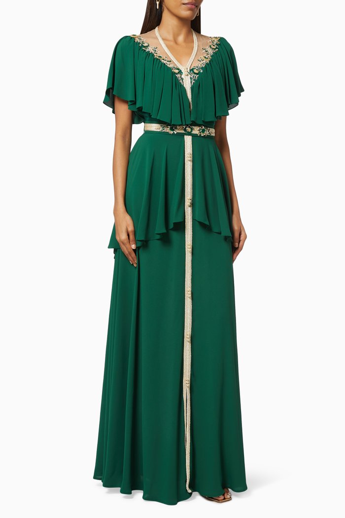 

Beaded Peplum Dress in Crepe, Green