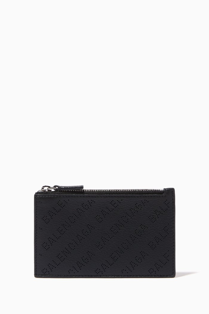 

Cash Long Coin & Card Holder in Logo-perforated Grained Calfskin, Black
