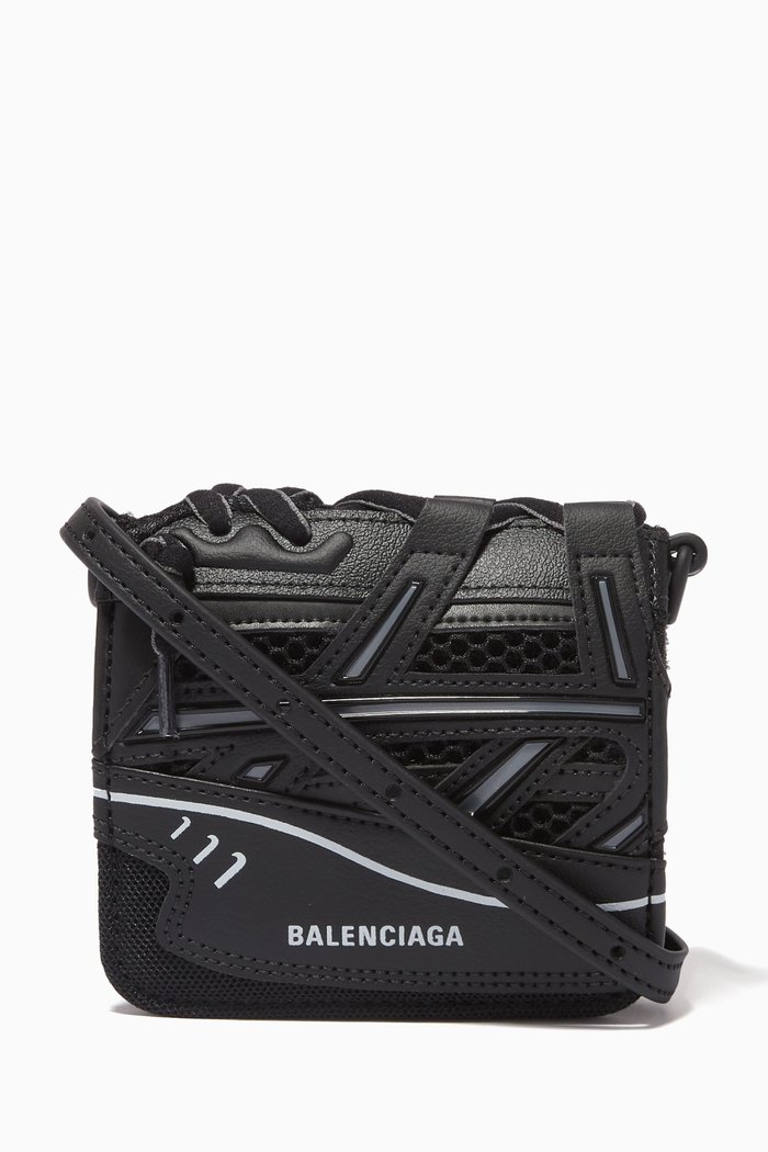 

Track Sneaker Coin & Card Holder with Strap in Leather & Mesh, Black