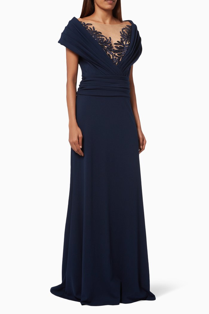 Pleated Embroidered Gown in Crepe, Blue