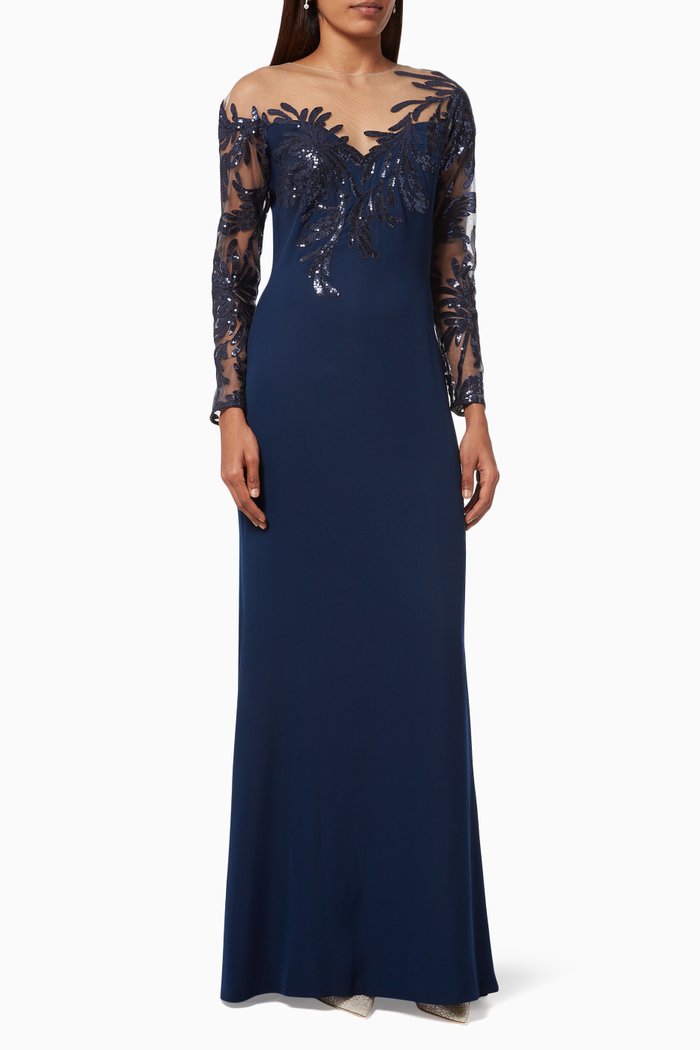 

Sequin Embellished Gown in Crepe, Blue
