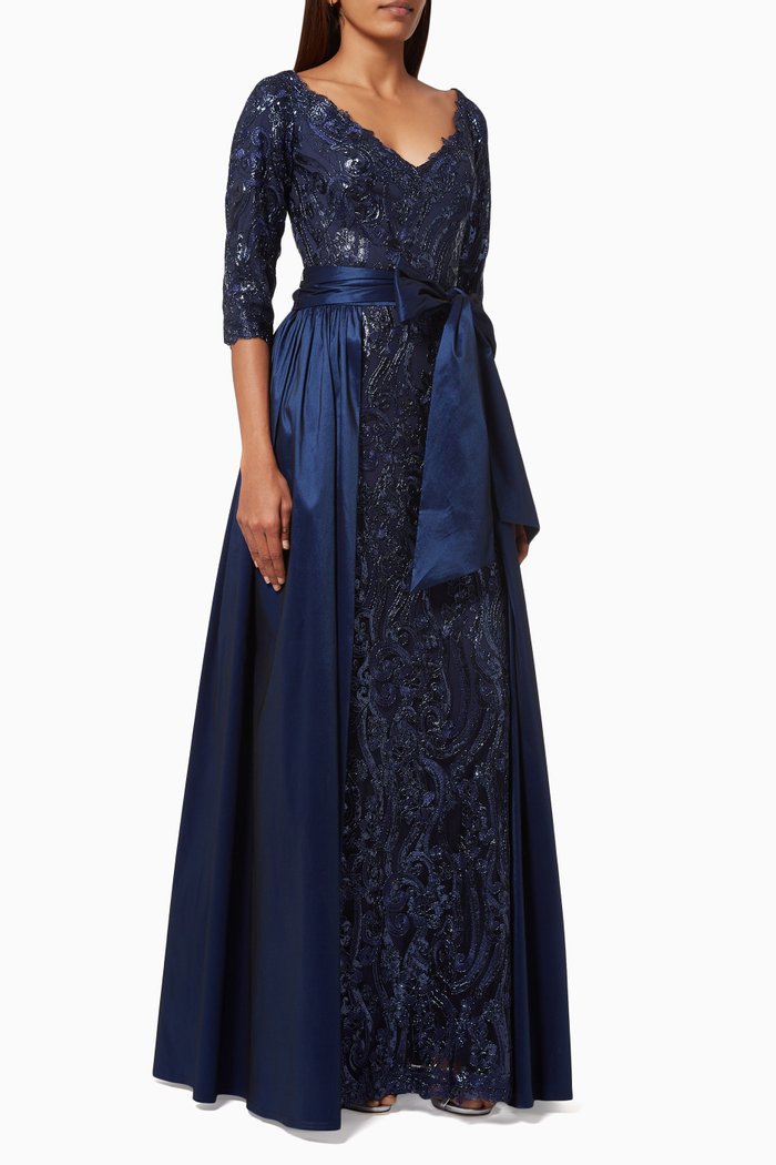 

Sequin Embellished Gown in Lace & Taffeta, Blue