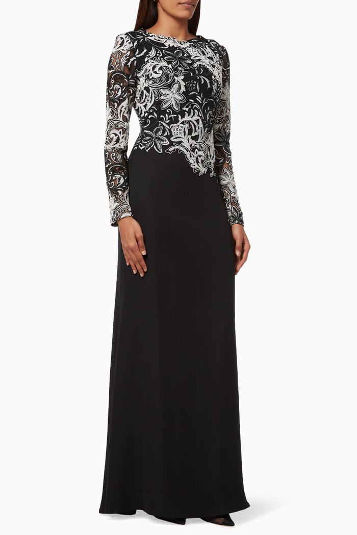 Floral Gown in Lace & Crepe, Black