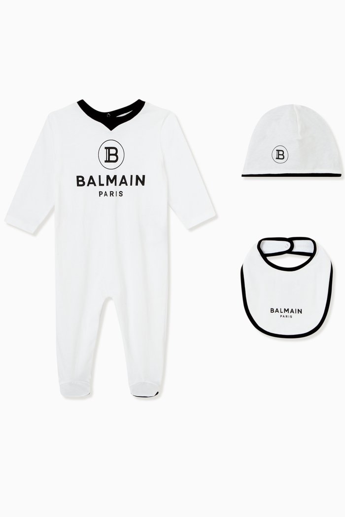 

Balmain Pyjama Gift Set of Romper, Hat & Bib, White