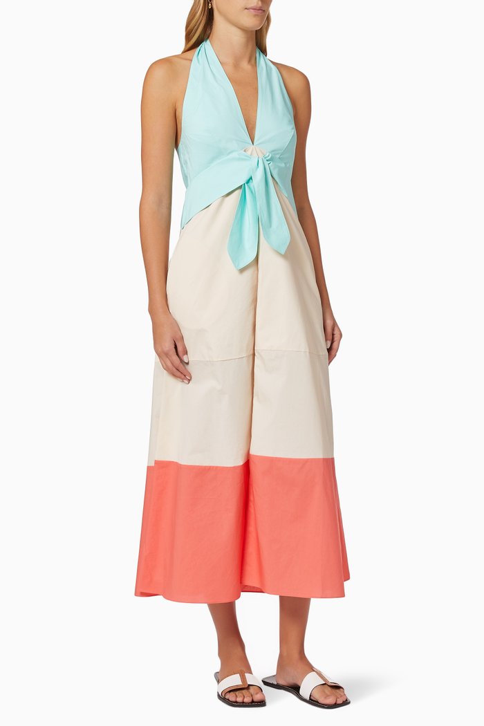 

Maxi Coral Dress in Colourblock Cotton, Multicolour