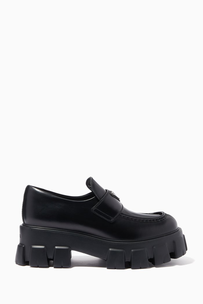 

Triangle Logo Monolith Loafers in Brushed Leather, Black