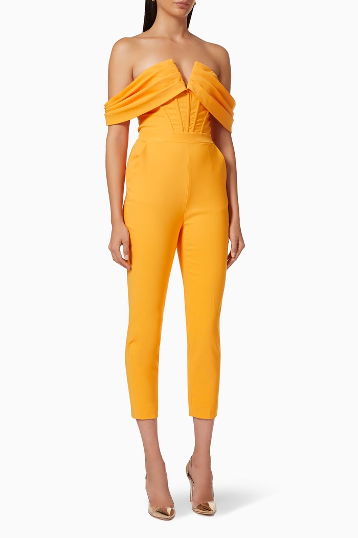 

V-front Bardot Jumpsuit in Crepe, Orange