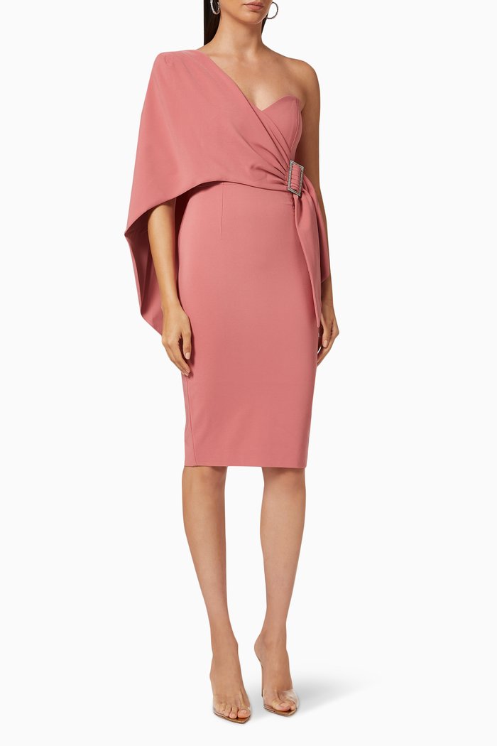 

One Shoulder Cape Dress in Crepe, Pink