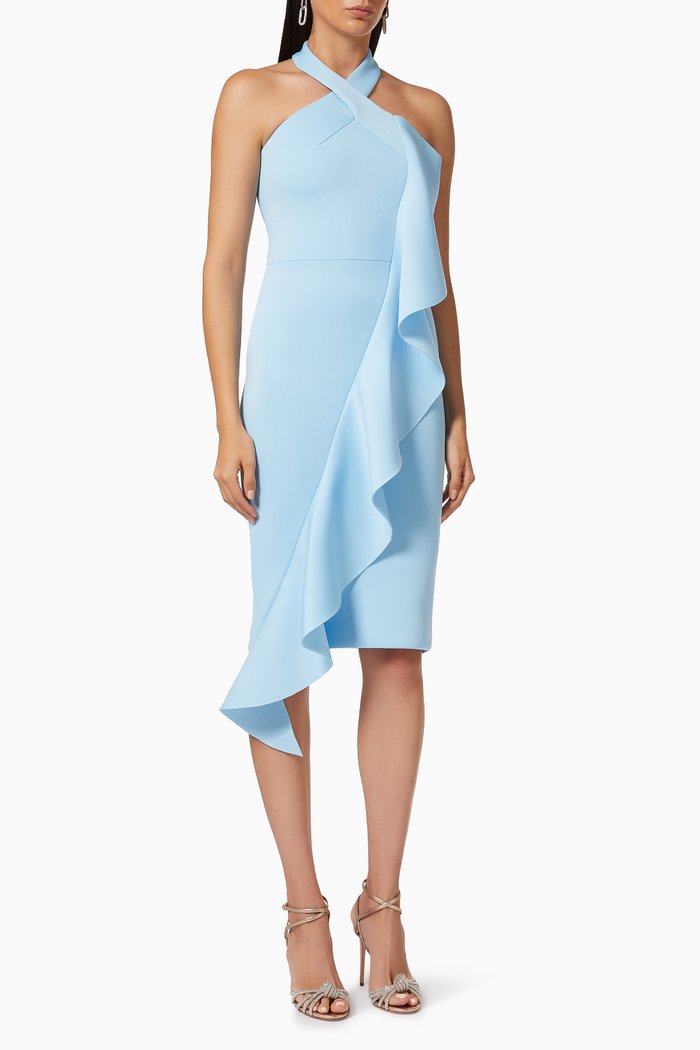 

Halter Cross Neck Dress in Scuba Crepe, Blue