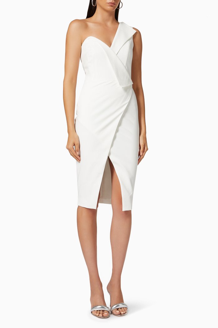 

Folded One-shoulder Midi Dress in Crepe, White