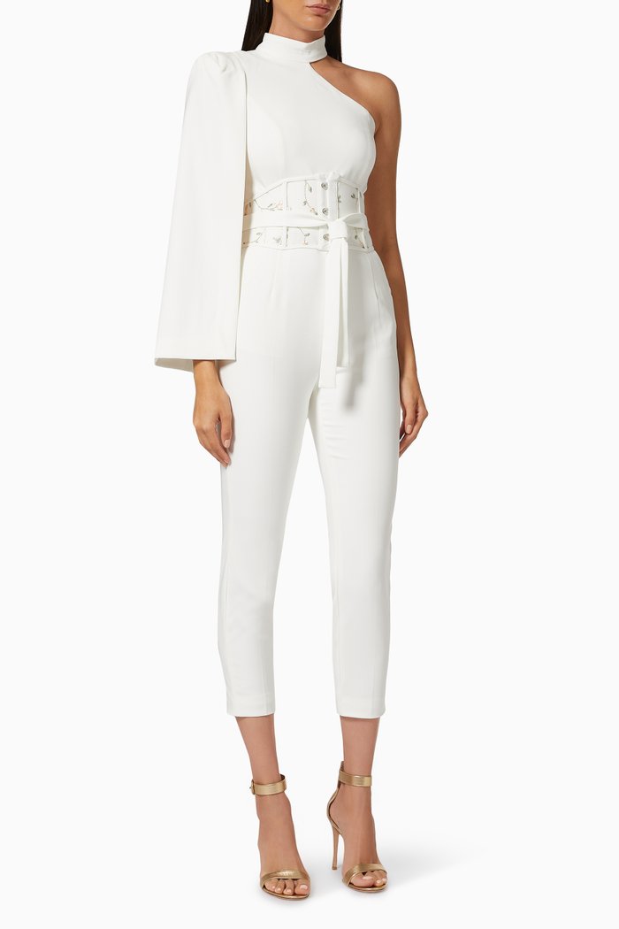 

High Neck Cape Jumpsuit with Corset Belt in Crepe, White