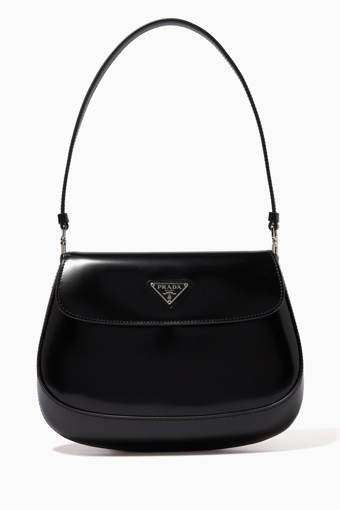 

Triangle Logo Cleo Shoulder Bag in Brushed Leather, Black