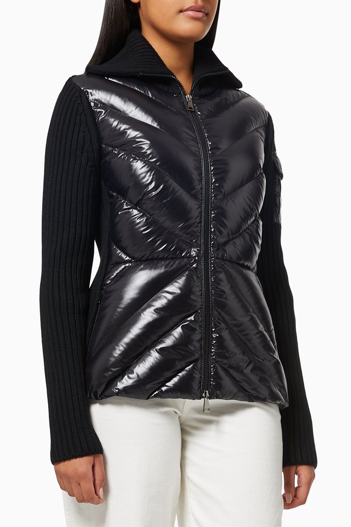 

Chevron Quilted Cardigan in Virgin Wool & Nylon Laqué, Black