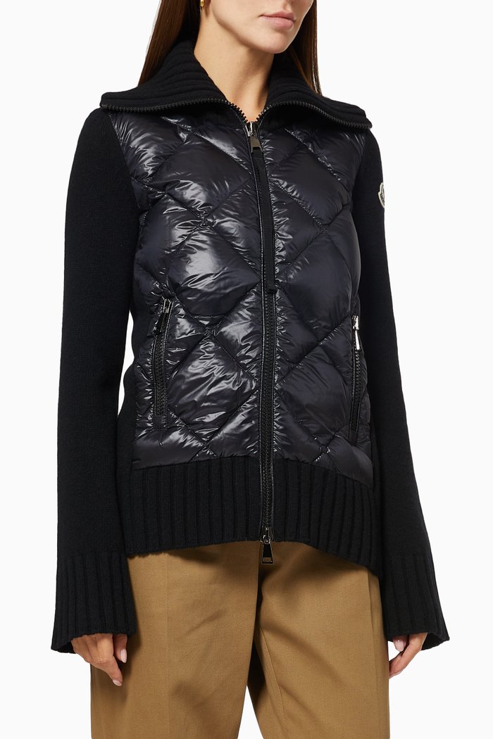 

Quilted Panel Cardigan in Wool Blend, Black