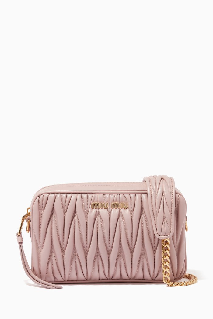 Miu Camera Bag in Matelassé Leather, Pink