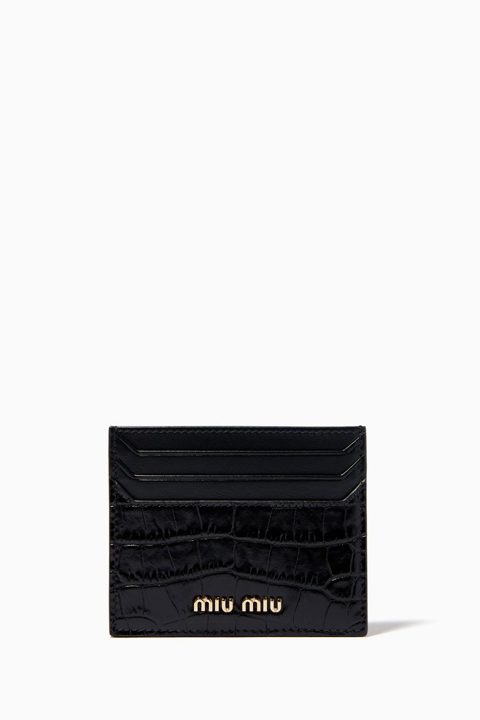 

Minuteria Card Holder in Crocodile-embossed Leather, Black
