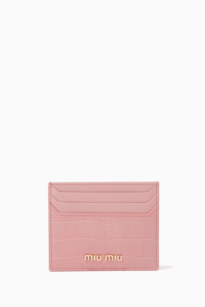 

Minuteria Card Holder in Crocodile-embossed Leather, Pink
