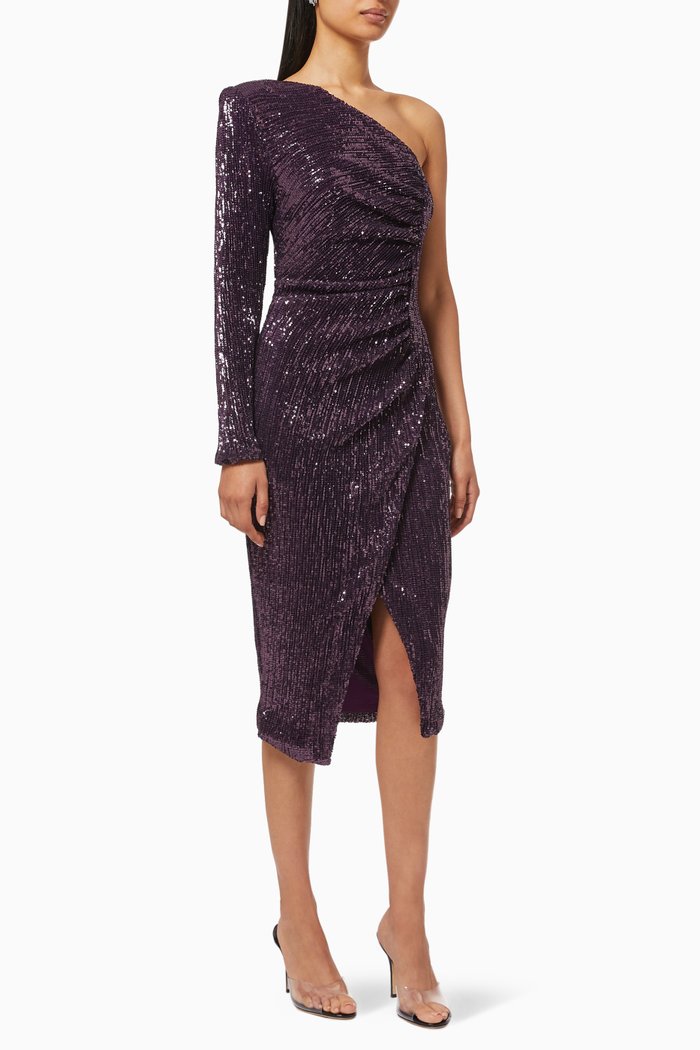 

Ruched One Shoulder Dress with Sequin Embroidery, Purple