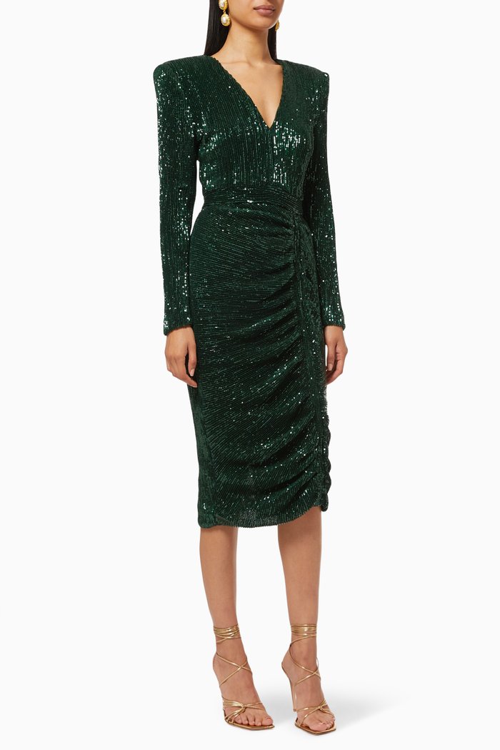 

Ruched Dress with Sequin Embroidery, Green