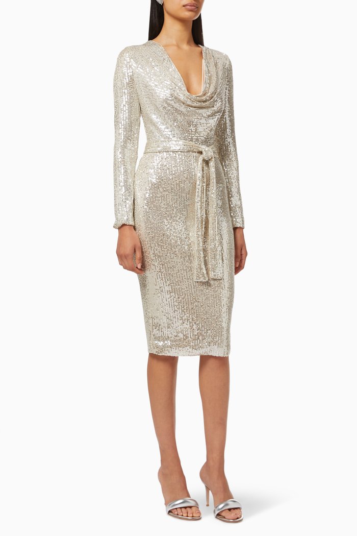 

Sequin Belted Dress with Cowl Neck, Silver