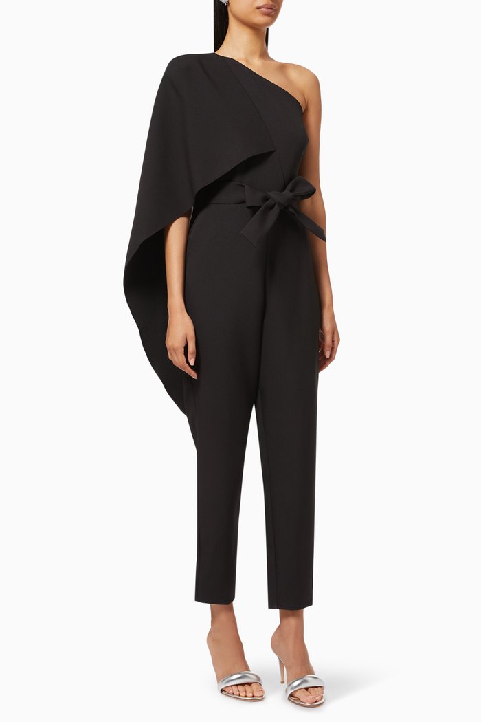 

One Shoulder Jumpsuit with Cape, Black