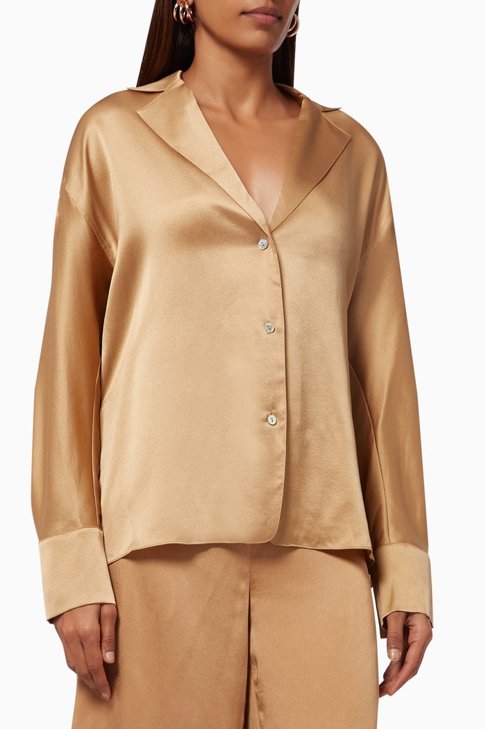 Pajama Tie-back Blouse in Silk Satin, Neutral
