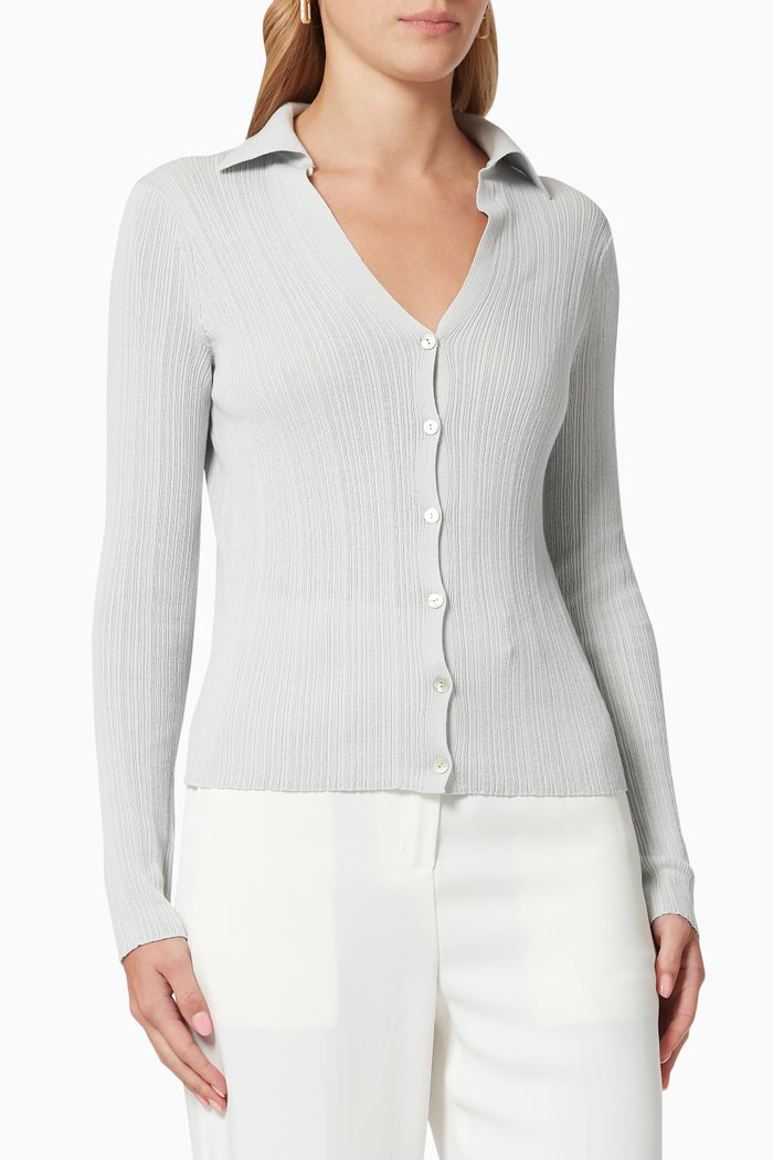 

Ribbed Polo Cardigan in Cotton Knit, Neutral