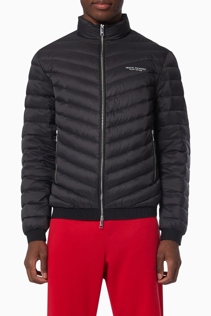 AX Logo Puffer Jacket in Quilted Nylon, Black