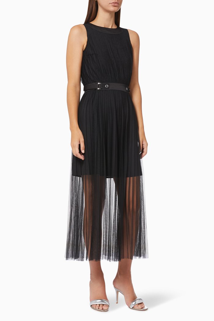 

Pleated Dress in Tulle Mesh, Black