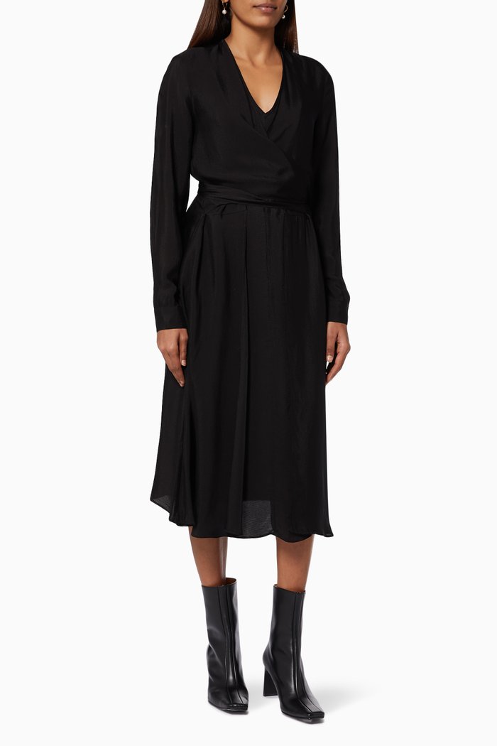 

Long Sleeve Wrap Front Midi Dress in Crêpe, Black