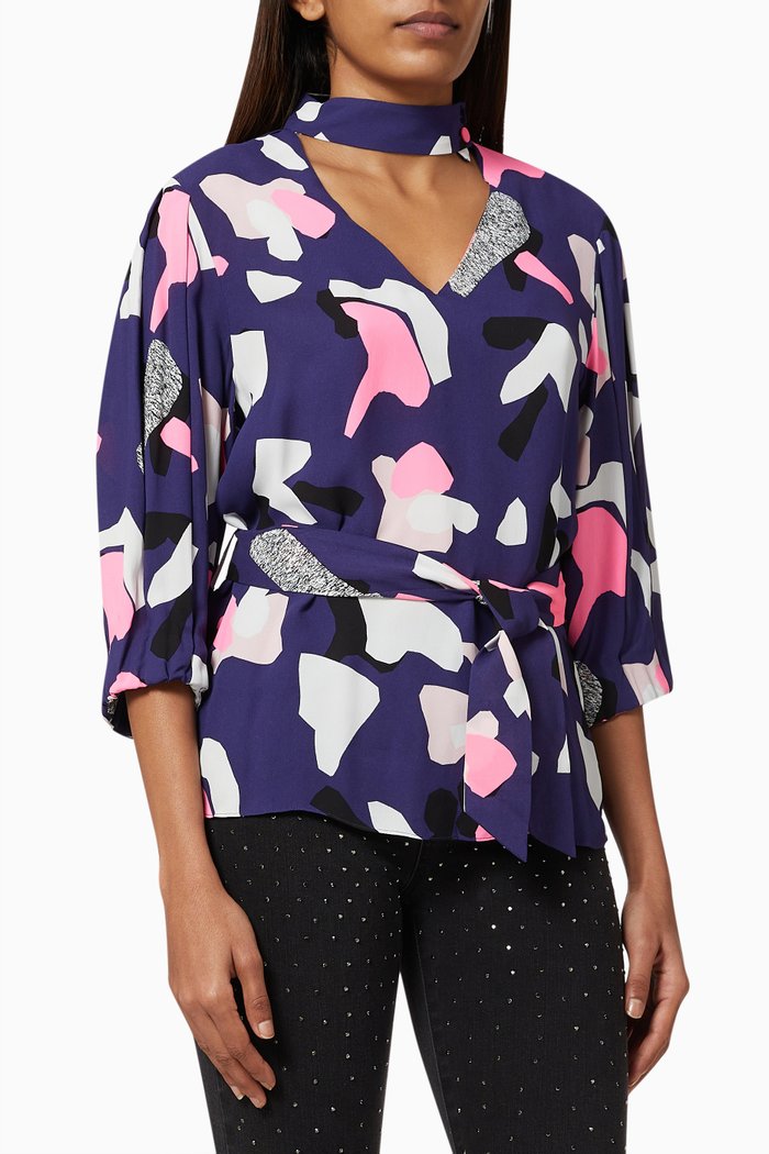 

Printed Belt Blouse in Viscose, Blue