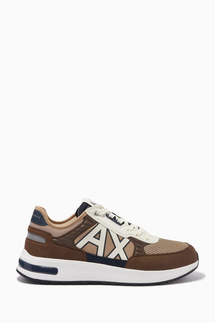 Logo Sneakers in Mesh & Leather, Brown