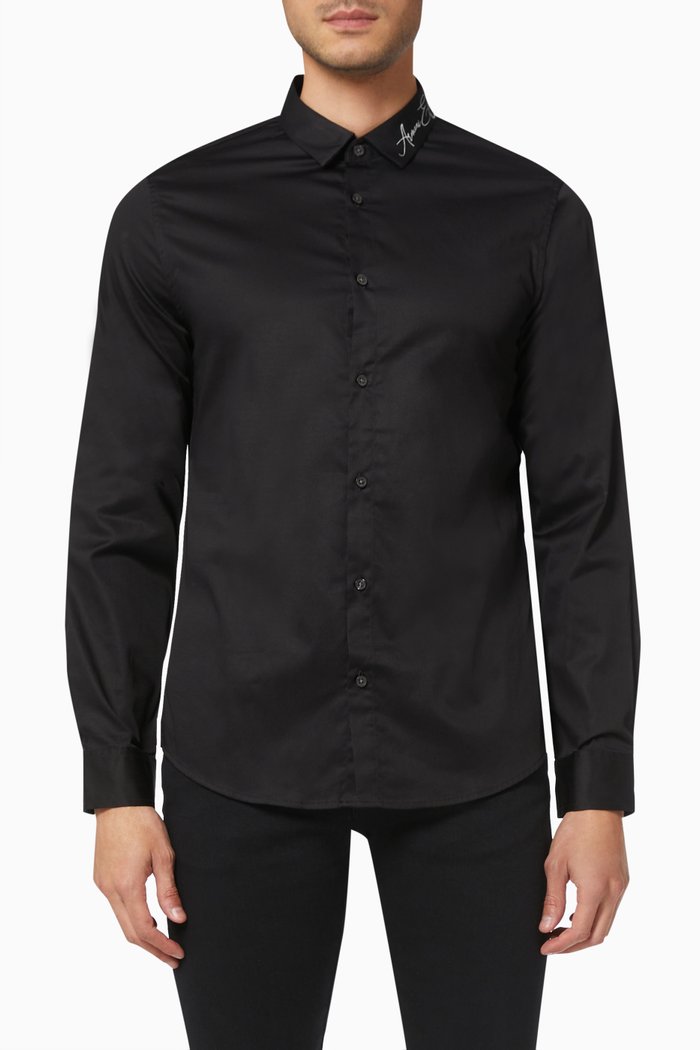 Slim Fit Shirt in Stretch Cotton Satin, Black