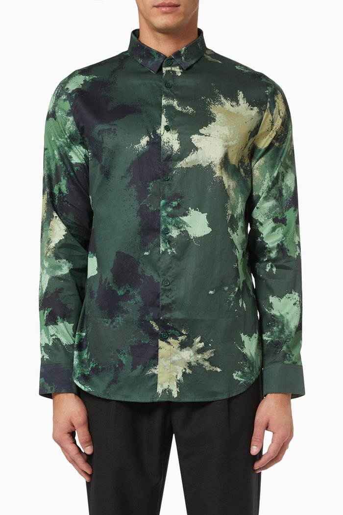 Ink Camo Printed Shirt in Cotton, Green