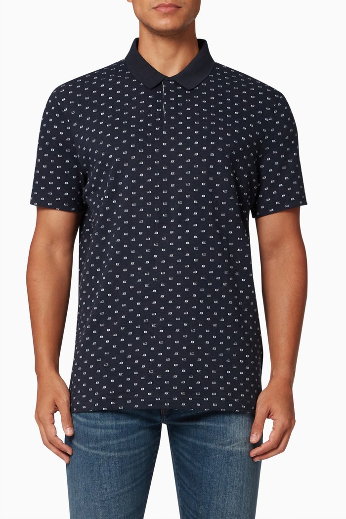 

Logo Pattern Polo T-Shirt in Organic Cotton Piqué, Blue
